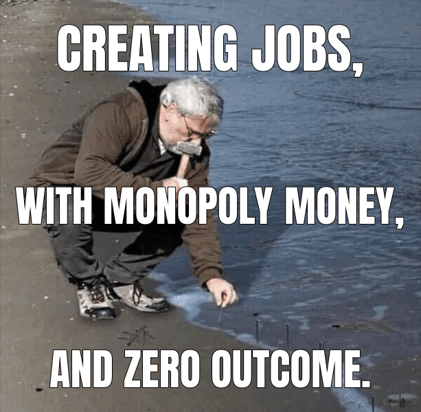 Creating jobs, — Guy Hammering Nails Into Sand meme
