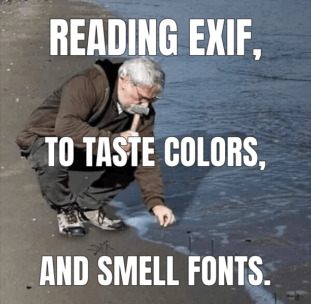 Guy Hammering Nails Into Sand meme about "Appreciating Exif"
