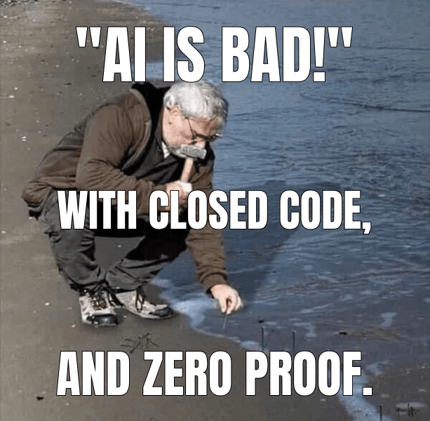 Guy Hammering Nails Into Sand meme about "The arguments against open source AI are bad"