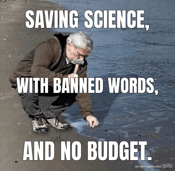 Guy Hammering Nails Into Sand meme about "The federal keyword lists that canceled billions in research funding"
