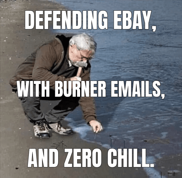 Defending eBay, (Guy Hammering Nails Into Sand meme)