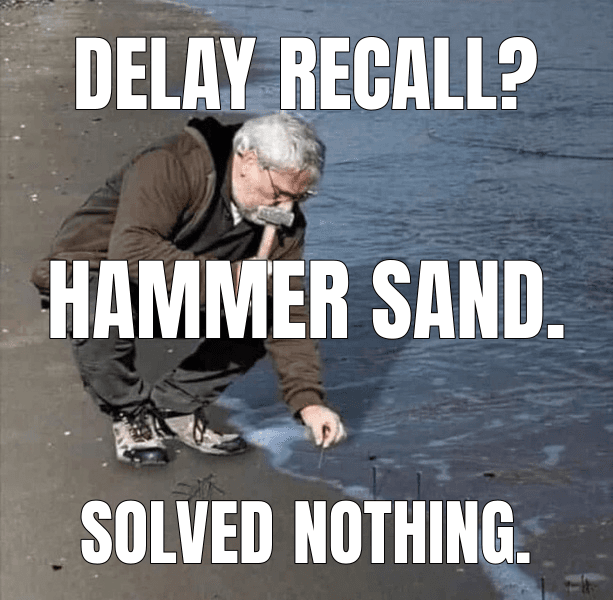 Delay recall? (Guy Hammering Nails Into Sand meme)