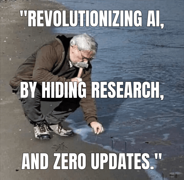"Revolutionizing AI, (Guy Hammering Nails Into Sand meme)