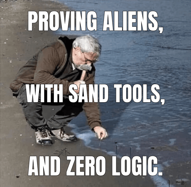 Guy Hammering Nails Into Sand meme about "Notes from tired Egyptian whose job is explaining that humans built the pyramids"