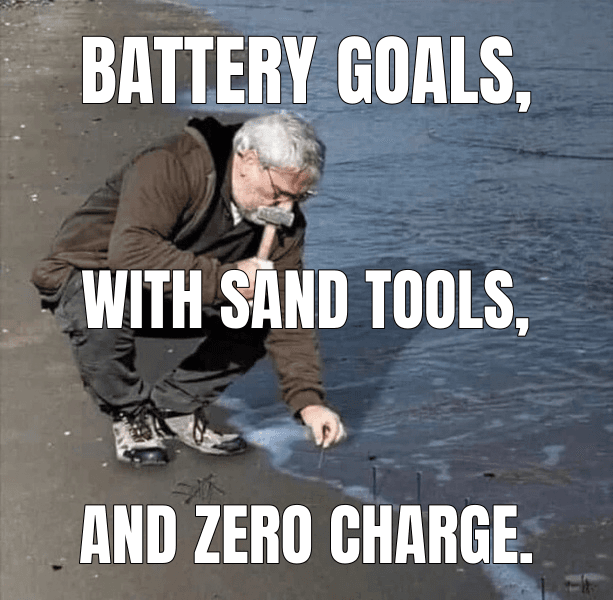 Guy Hammering Nails Into Sand meme about "Why is everyone trying to build a solid-state battery?"