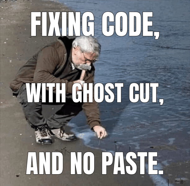 Fixing code, (Guy Hammering Nails Into Sand meme)