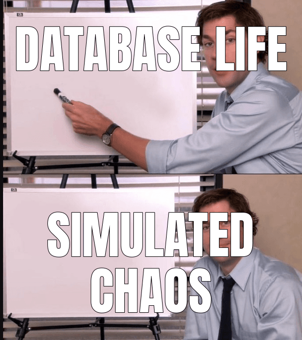 Jim Halpert Pointing to Whiteboard meme about "PGSimCity - How PostgreSQL Works"