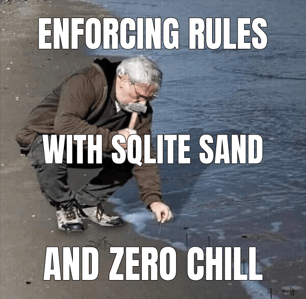 Guy Hammering Nails Into Sand meme about "Prefer strict tables in SQLite"