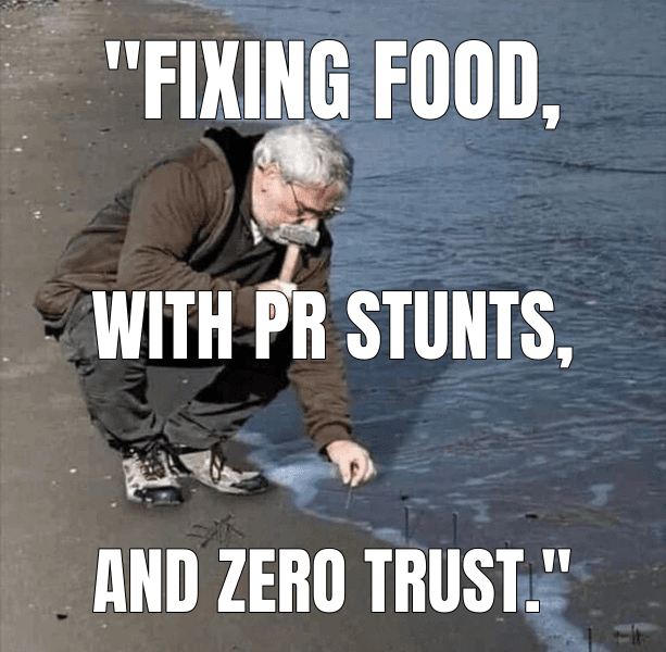"Fixing food, (Guy Hammering Nails Into Sand meme)