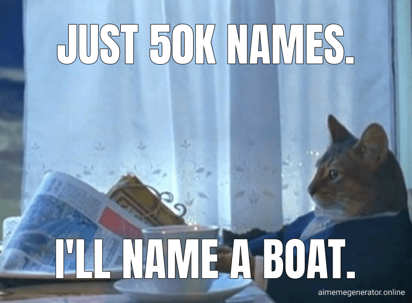 I Should Buy a Boat Cat meme about "50k Boat Names"